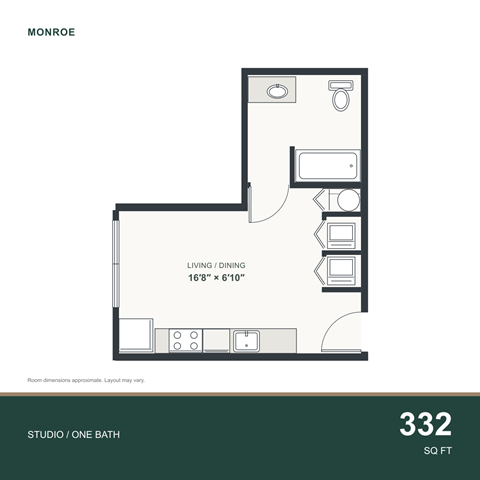 Floor plan for studio, 1 bath, 332 sqft